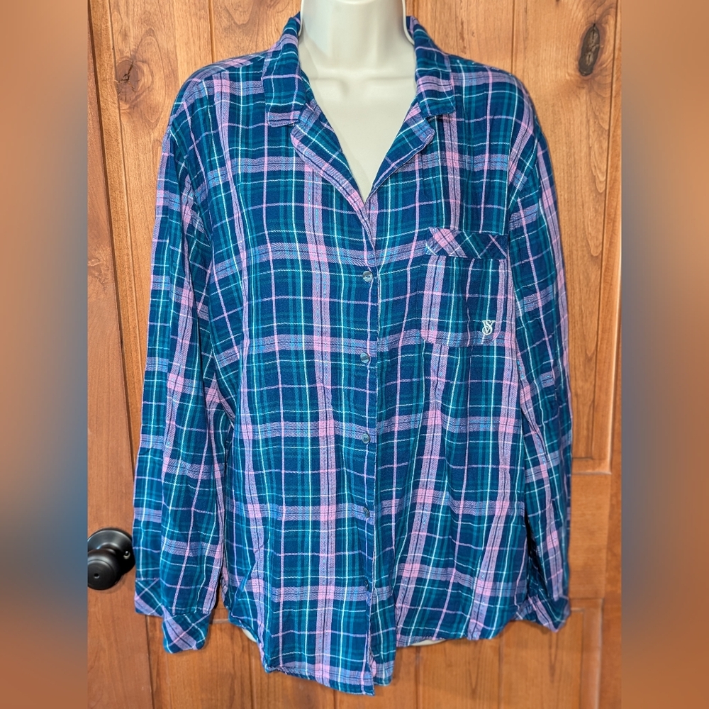 Victoria's Secret Blue and Purple Casual Button Down PJ Shirt